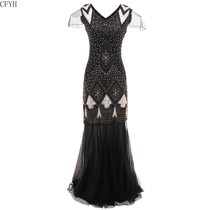

Women 1920s Great Gatsby Dress Long 20s Flapper Dress Vintage V Neck Short Sleeve Maxi Party Dress for Prom Cocktail