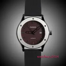 44mm parnis Brown dial date adjust top brand Luxury Newest Hot Fashion rubber strap movement automatic Mechanical men’s watch