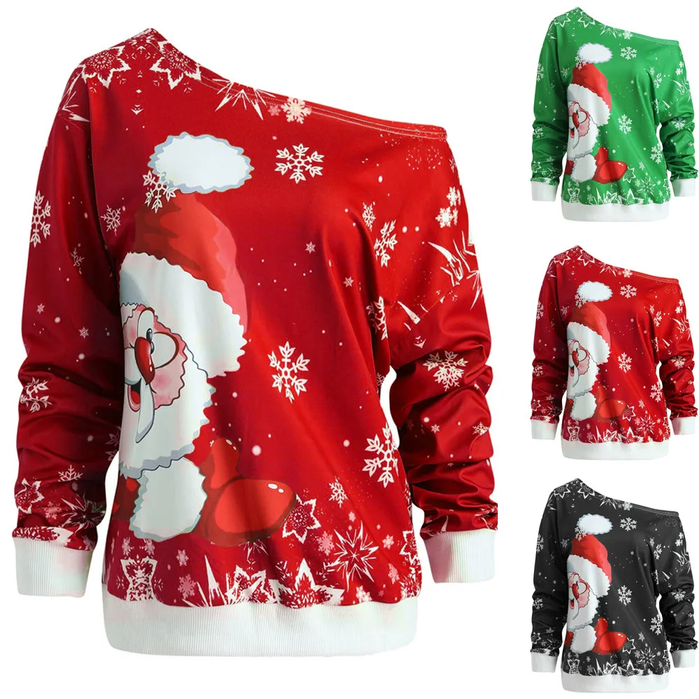 

Christmas Sweatshirt Women Fashion Women Merry Christmas Santa Claus Print Skew Collar Sweatshirt Blouse