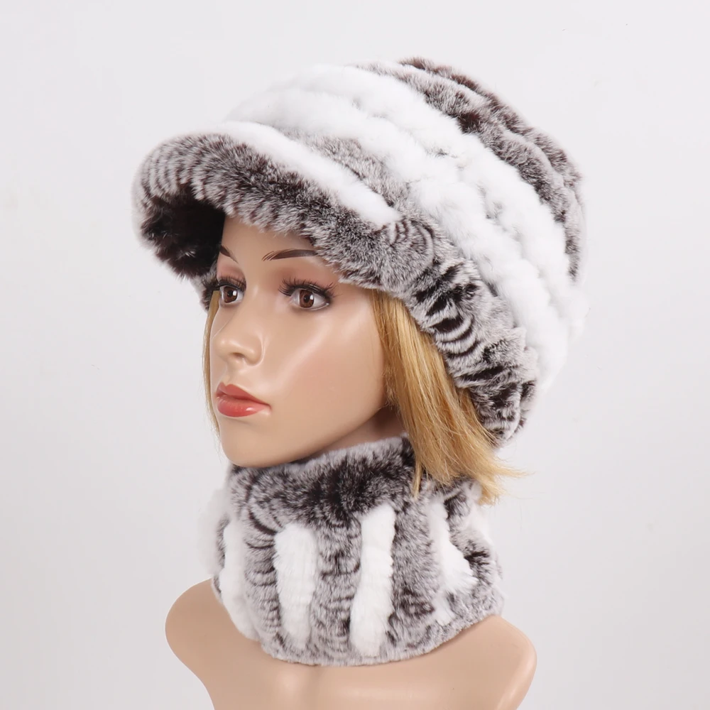 Женский Настоящий мех кролика, шапка наборы шарфов, зимняя женская вязаная шапка из натурального меха, шарф, Хорошие эластичные шапки из натурального меха, глушители