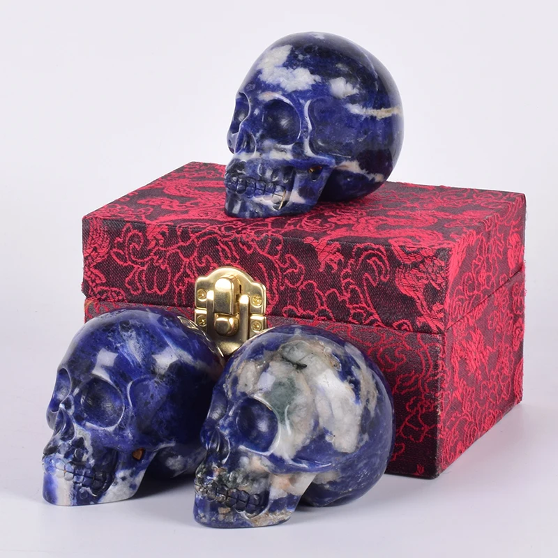 

Sodalite Skull Figurine &Gift Box Set 3 " Natural jade Hand Carved Statue Healing Stone Meditation Craft For Feng Shui Decor