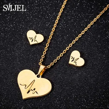 

SMJEL Fashion Jewelry Silver Color Lifeline Heartbeat Necklace Stainless Steel for Women Simple Heart Earings Doctor Accessories