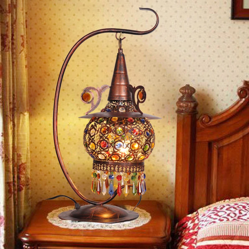 

Taiwan iron Table Lamps new Cozy bedroom lamp Bohemia southeast Mediterranean pastoral Continental Iron crystal bronze lamp BXY3