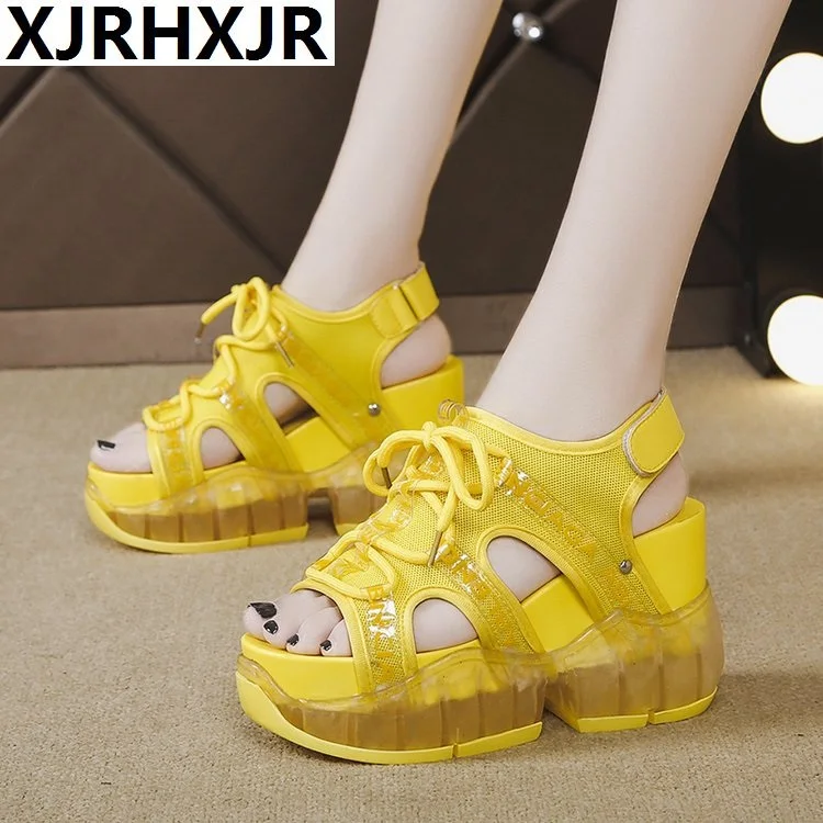 

XJRHXJR Summer Thick-soled Muffin Bottom Jelly Fish Mouth Mesh Breathable Super High Heel Waterproof Shoes Woman Platforn Sandal