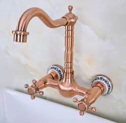 Antique Red Copper Brass Wall Mounted Bathroom Kitchen Sink Faucet Swivel Spout Mixer Tap Double Cross Handles Levers anf942