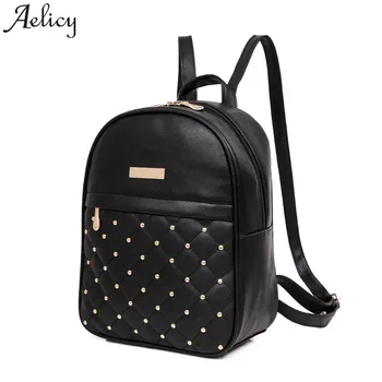 

Aelicy 2018 Women Backpack Fashion Rivet Causal bags bead Lady shoulder bag PU Leather Backpacks for Girls dropship