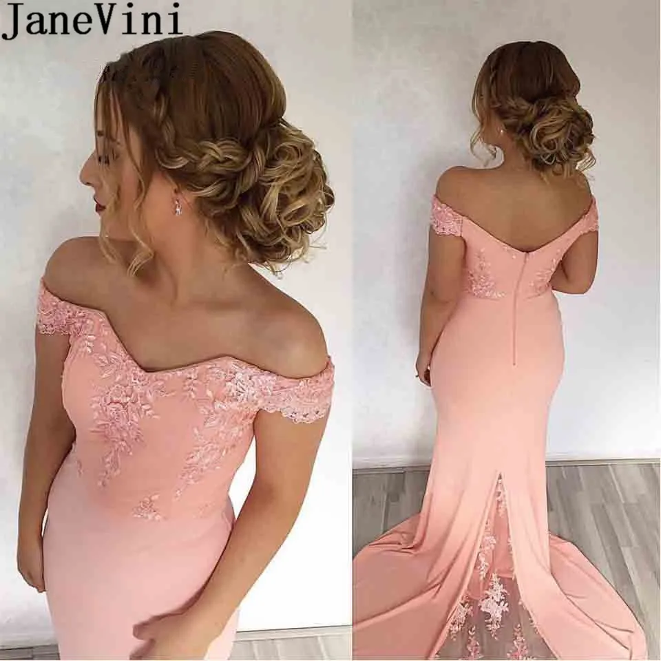 

JaneVini Off Shoulder Blush Pink Long Bridesmaids Dresses Mermaid Lace Prom Formal Gowns Sweep Train Ladies Wedding Guest Dress