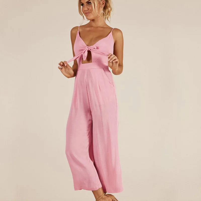 NuoJin Bow Tie Wide Leg Jumpsuit V Neck Hollow Out