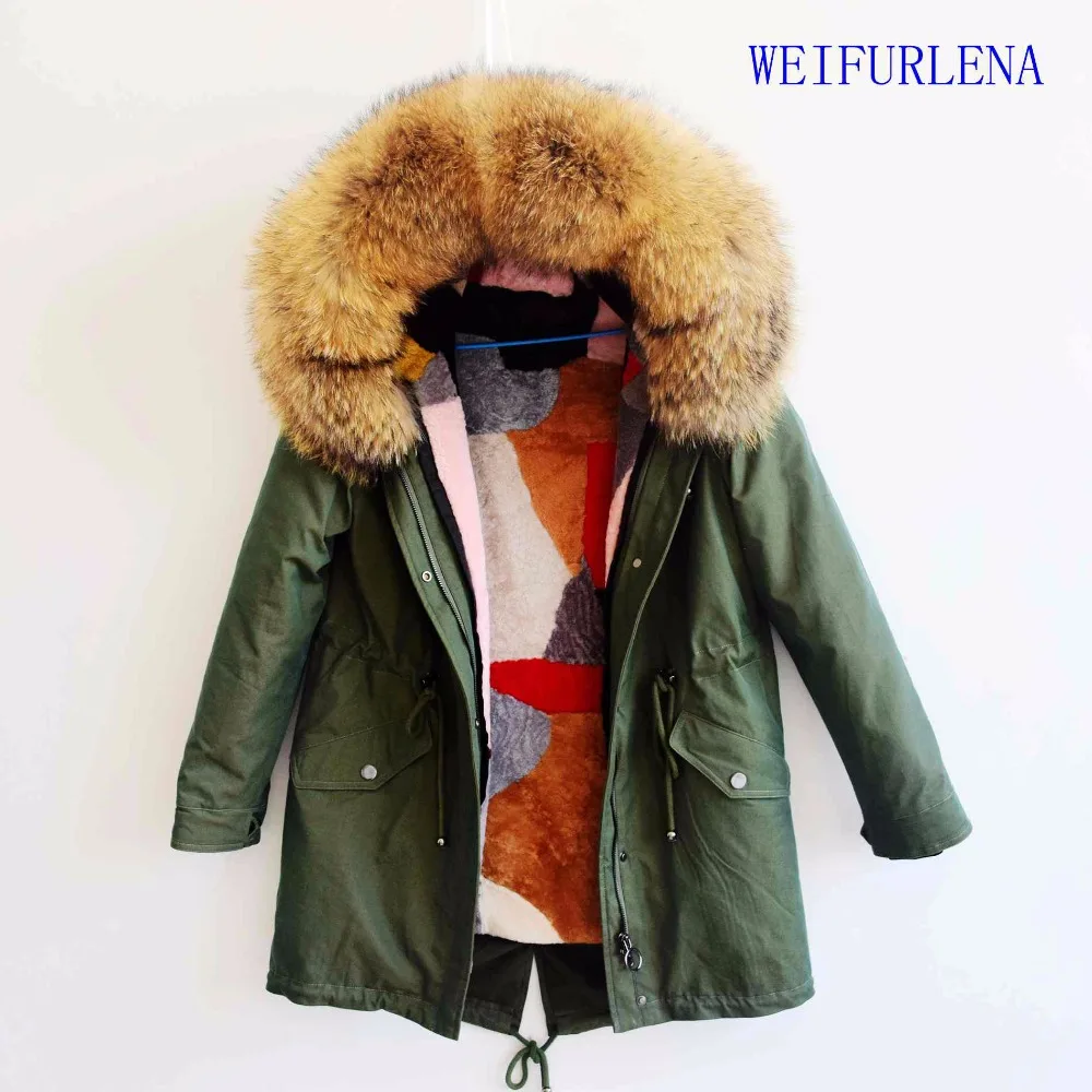Women Natural Raccoon Dog Fur Jacket Parkas Winter Warm Thick Genuine