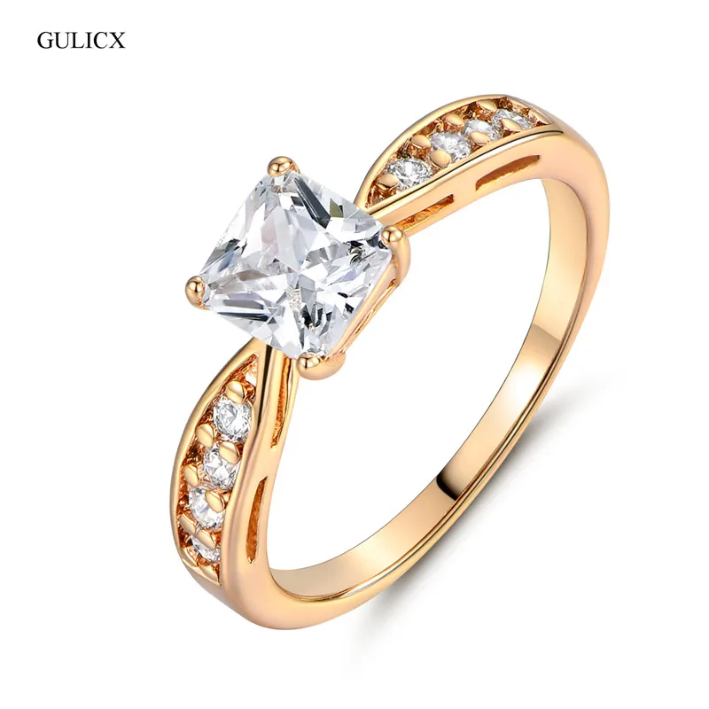 Anillos de boda baratos de moda GULICX anillo de dedo color dorado anillo de compromiso de banda de circonio blanco de princesa para mujer R115|finger ring|engagement rings for womenengagement ring -