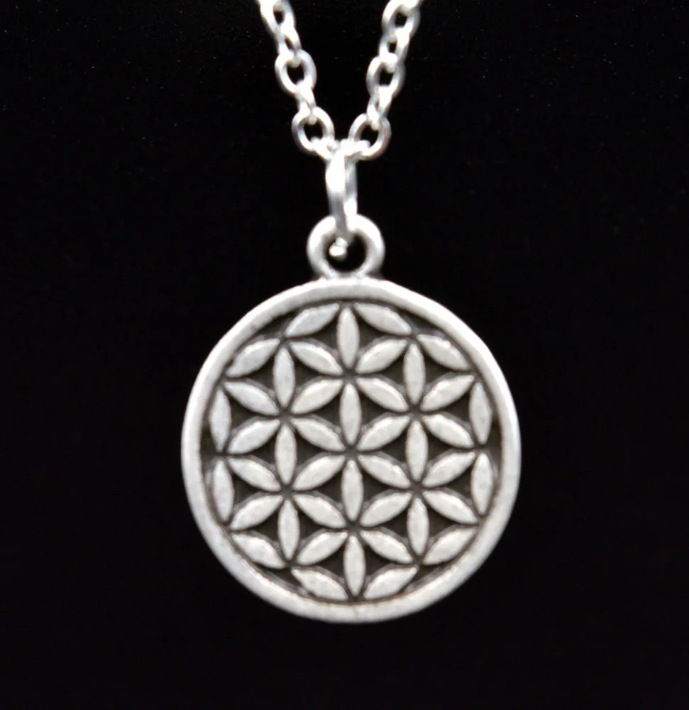 1pc Antique Silver Etched Flower of Life Necklace Pendant Tiny Necklace