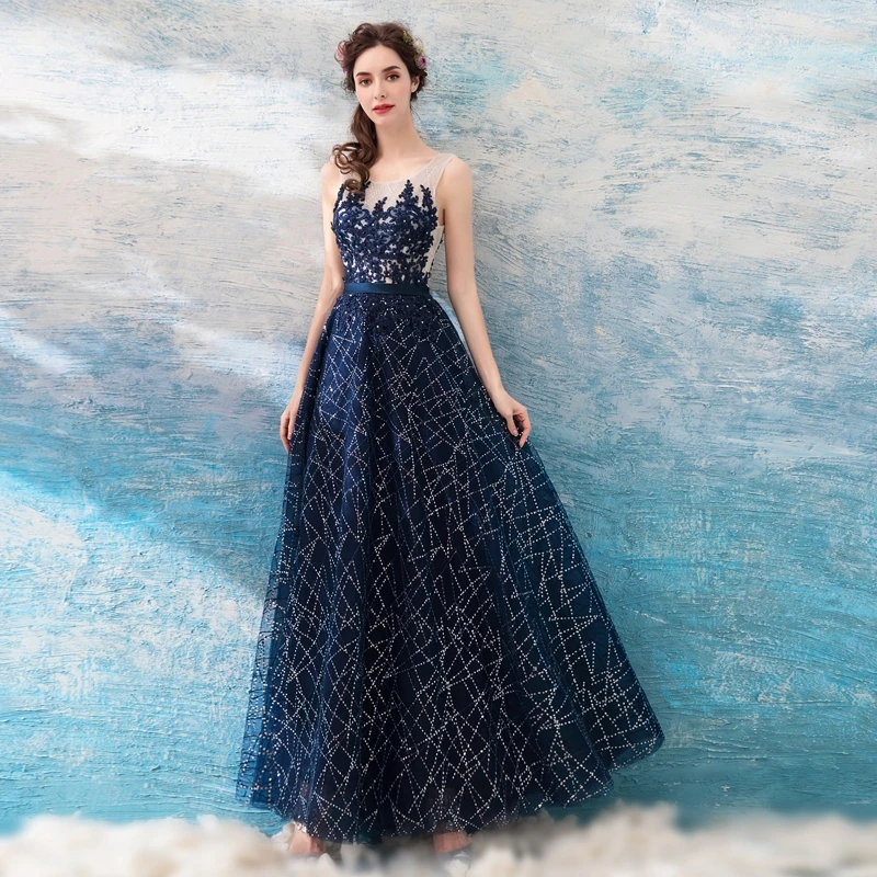 Темно-синие платья на выпускной специальные Цветочный Принт без рукавов, на шнуровке роскошный трапециевидной формы с овальным вырезом, элегантное платье принцессы для Вечеринка платья