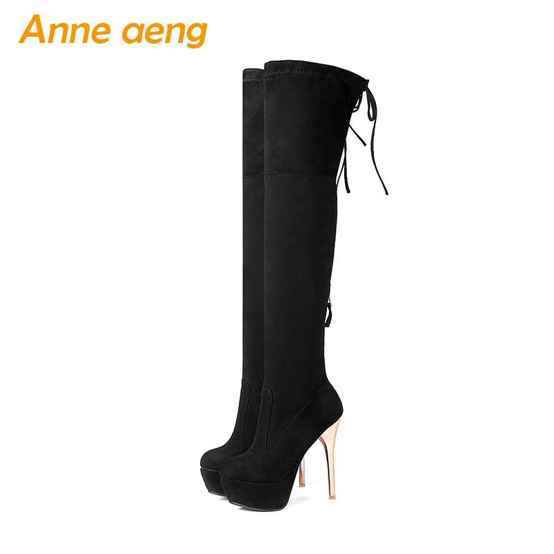 Koop 2019 dames Herfst Lente kid suede schoenen hoge dunne hakken vrouwen over de knie laarzen platform sexy motorlaarzen maat 34 43