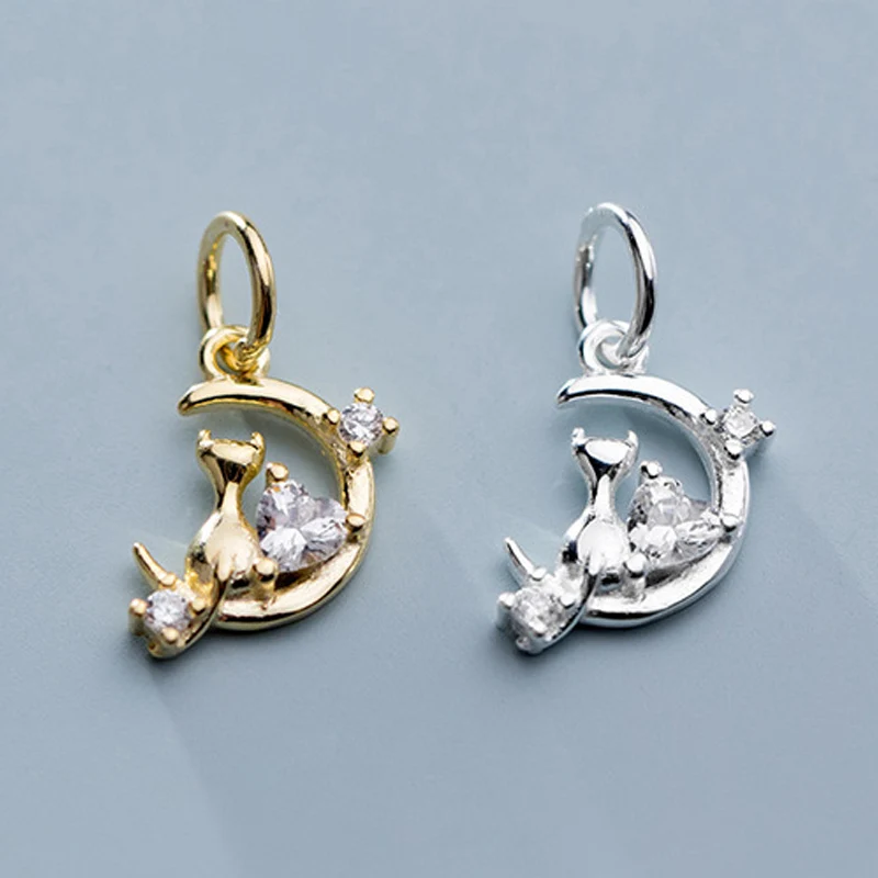 

Romantic AAA Zircon Paved Kitty Moon Dangle Charms 925 Sterling Silver Women Pendants DIY Jewelry Making Fine Bracelets Earrings