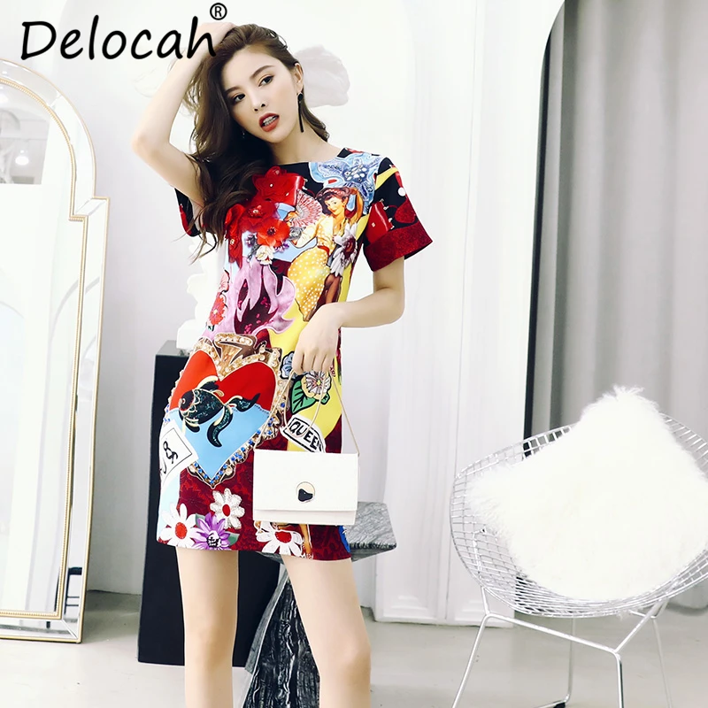

Delocah New 2019 Women Spring Summer Dress Runway Fashion Designer Gorgeous Beading Appliques Character Printed Casual Dresses