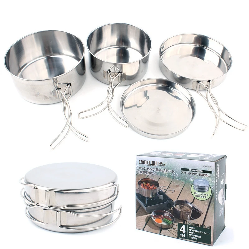 YUETOR OUTDOOR 4 IN 1 Portable Stainless Steel Camping Cookware Set 2 3