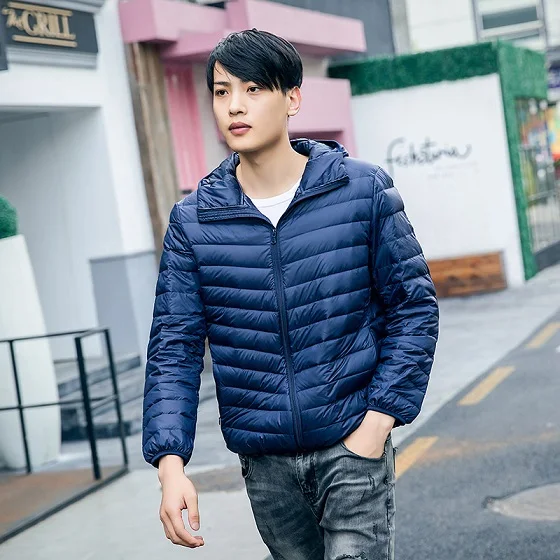 navy blue Новая повседневная куртка белая утка Подпушка куртка Для мужчин осень-зима теплое пальто Для мужчин Сверхлегкий утка Подпушка куртка мужская с капюшоном Подпушка пальто 3XL - Цвет: navy blue
