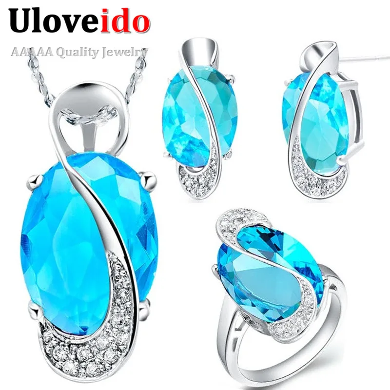 Uloveido 49% Sona Серебряные Ювелирные наборы Свадебный голубой камень CZ бриллиантовые