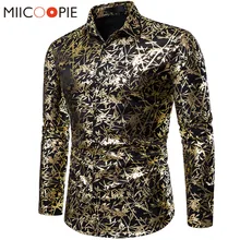 Филиал печатных мужские рубашки с длинным рукавом черного золота бронзовая Chemise Homme ночной клуб праздничная одежда формальные рубашки для мужчин Уличная XXL