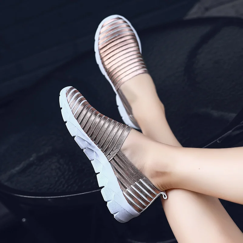 

Rommedal Bright women's vulcanize shoes non-leather summer/spring breathable stripe female causal shoes flat slip on footwear