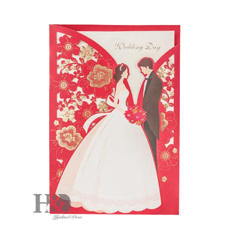 

H&D Red Laser Cut Bride & Groom Wedding Invitation Cards With Envelopes, Seals, Custom Personalized Printing,Wedding Favors