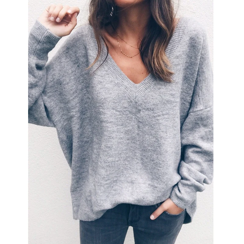 

2019 Autumn Pullover Women Knitted Sweater Deep V Neckline Long Sleeve tunics Loose Sexy Casual Jumper female Tops Warm Sweaters