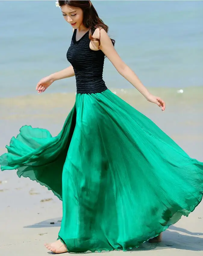 Лето г. пляж Богемия длинная юбка из шифона расклешенным подолом Макси-юбка из шифона с эластичная талия, длиной в Пол шелковые юбки - Цвет: Emerald Green