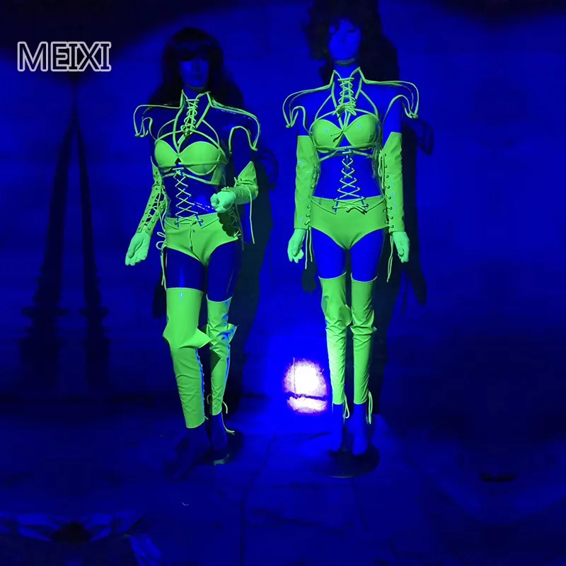 

Unique green fluorescent series faux leather female warrior suit bar party concert singer dancer costume