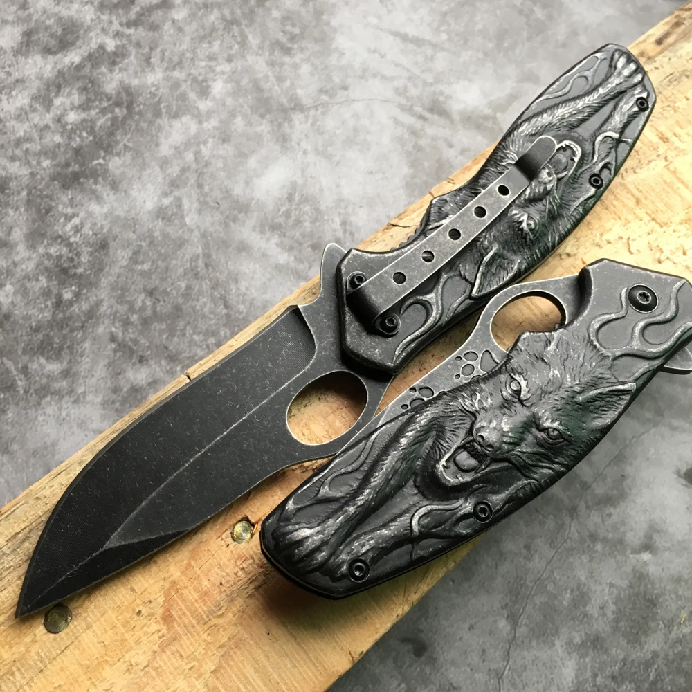 Высокое качество 3D Волк король резной Stonewash Тактический нож выживания кемпинга