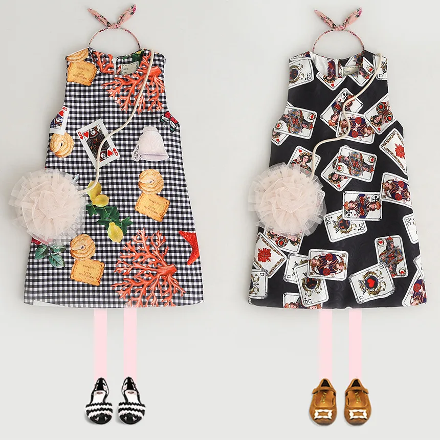 

2018 European and American girls pencil dress plaid playing cards printing sleeveless vest dress children's clothing summer