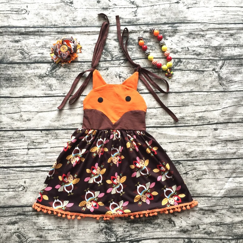 

2018 girls summer dress kids party dress children fox turkey dress boutique brown thanksgiving dress with neaklace and bows