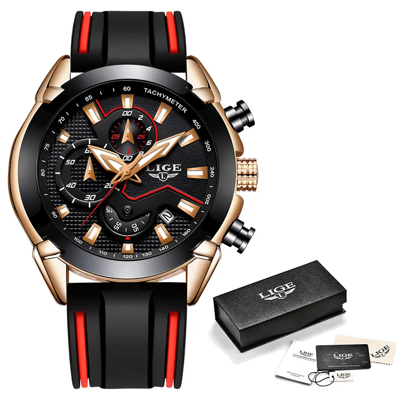 LIGE мужские часы с силиконовым ремешком от ведущего бренда, Роскошные водонепроницаемые спортивные кварцевые наручные часы с хронографом для мужчин - Цвет: rose gold black