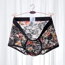 Сексуальное мужское нижнее белье, боксеры, шорты, кружевные прозрачные трусы, мужские цветочные дышащие трусы с низкой посадкой, u-образная выпуклая сумка, трусы Cueca M-XXL