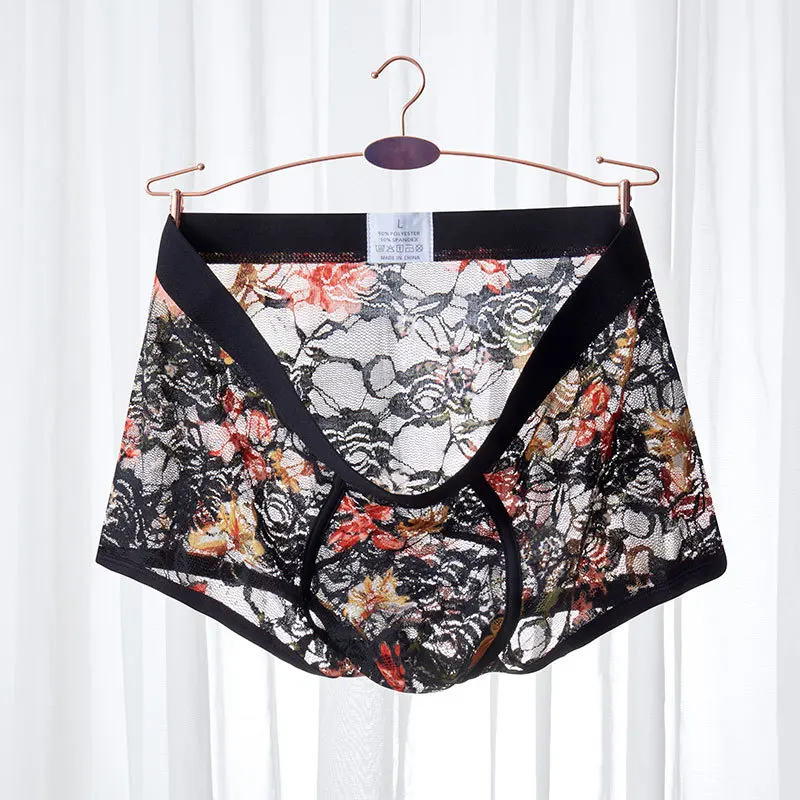 

Sexy Men Underwear Boxer Shorts Lace Transparent Panties Male Floral Breathable Low Rise U Convex Pouch Underpants Cueca M-XXL