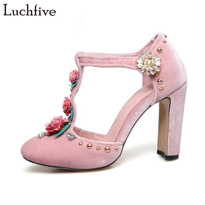 

Luchfive Rhinestone Flower T-Strap Pumps Women Velvet Upper Daisy Hook Loop Single Shoes Round Toe Thick High Heel Shoes Woman