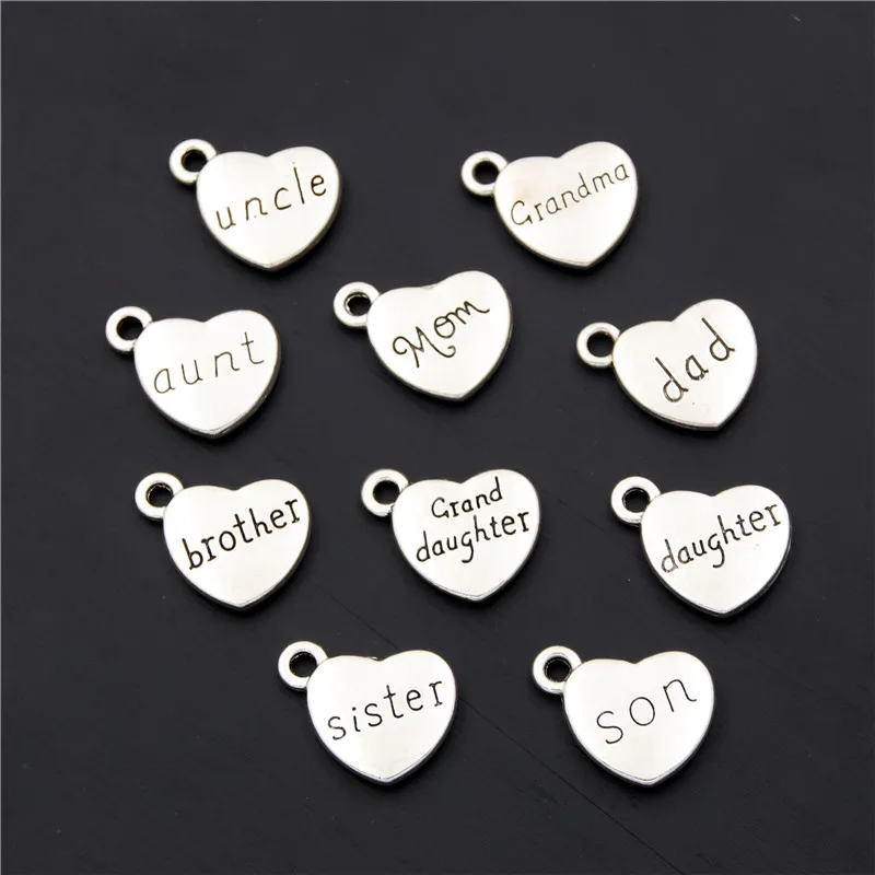 15pcs Silver Color Mom Dad Son Heart Charms Family Member Pendants ...
