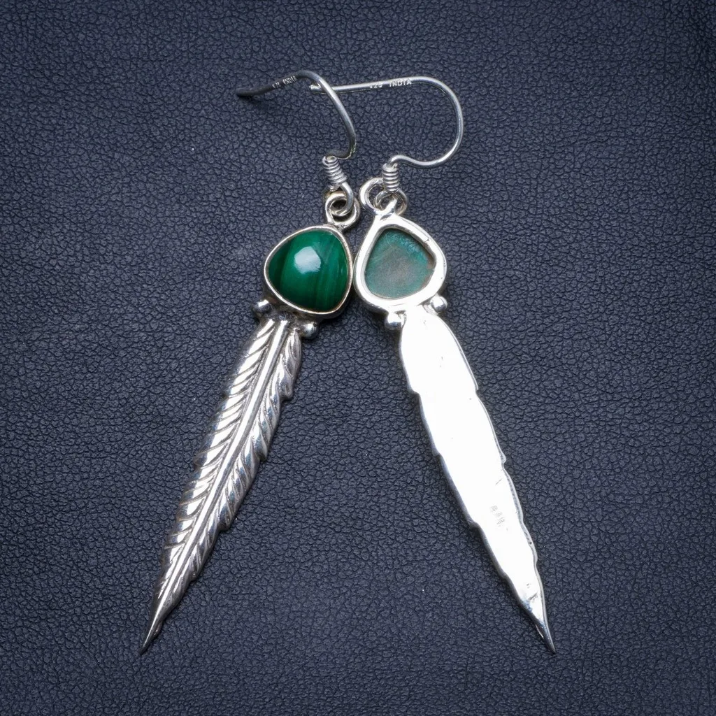 

Natural Malachite Handmade Unique 925 Sterling Silver Earrings 2.5" X4996
