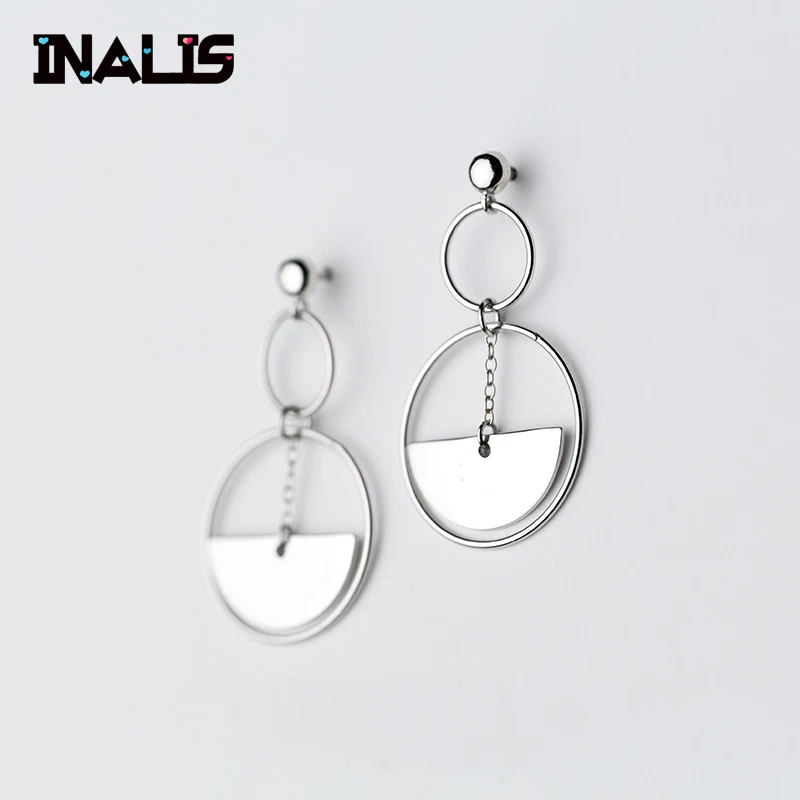 

INALIS New Statement Europe Style S925 Sterlings Silver Double Round Circle with Semicircle Chain Dangle Drop Earrings Brincos