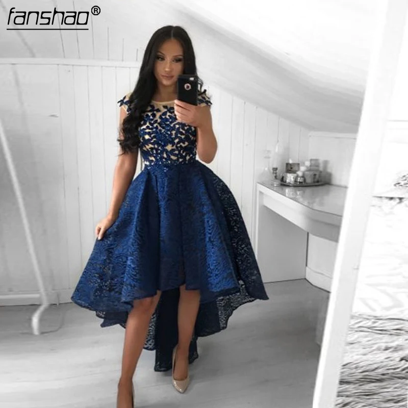 

Sexy High low Lace Navy Homecoming Dresses 2019 Short Sleeves Formal Party Dresses Lace Embroidery vestido graduacion