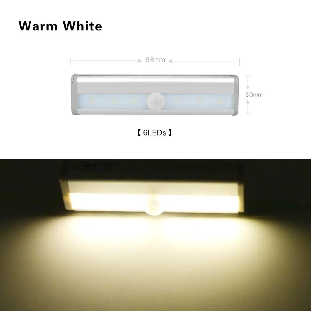 6LEDS 98MM Warm Барный светильник, PIR датчик движения, светодиодный светильник для шкафа 6/10 светодиодный s 98/190 мм, питание от батареи AAA, лампа обнаружения движения для кухонного шкафа - Испускаемый цвет: 6LEDS 98MM Warm