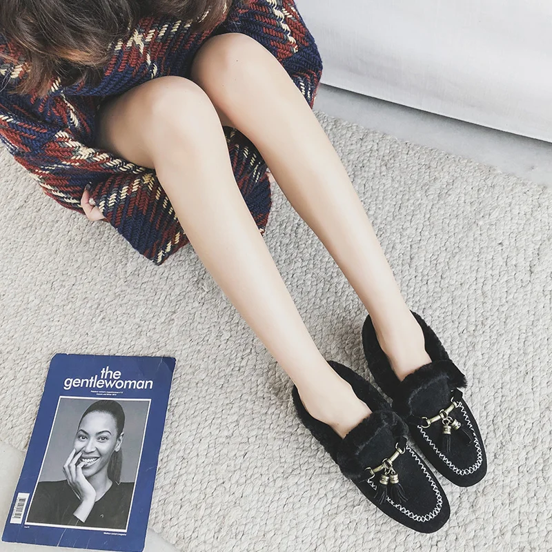

MYCORON Winter Shoes Women Flats Ladies Slip On Flat Short Plush Square Toe Shallow Shoes Casual Shoes Women Buty Damskie