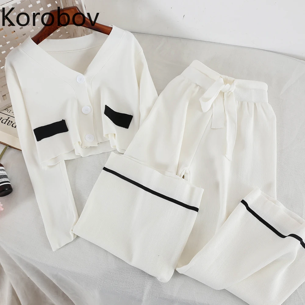 

Korobov Women Casual Knitted Suits Hit Color Long Sleeve Pockets Tops and High Waist Lacing Wide Leg Pants 2 Piece Set 78700