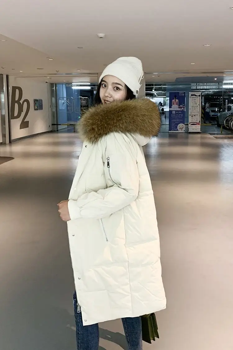 Новинка, зимний женский воротник из натурального меха, белый пуховик на утином пуху, свободные пальто с капюшоном, женские повседневные теплые утепленные пуховики C155