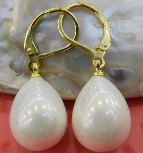 

hj 00284 new GENUINE SOUTH SEA SHELL WHITE13- 16MM PEARL EARRINGS 14K
