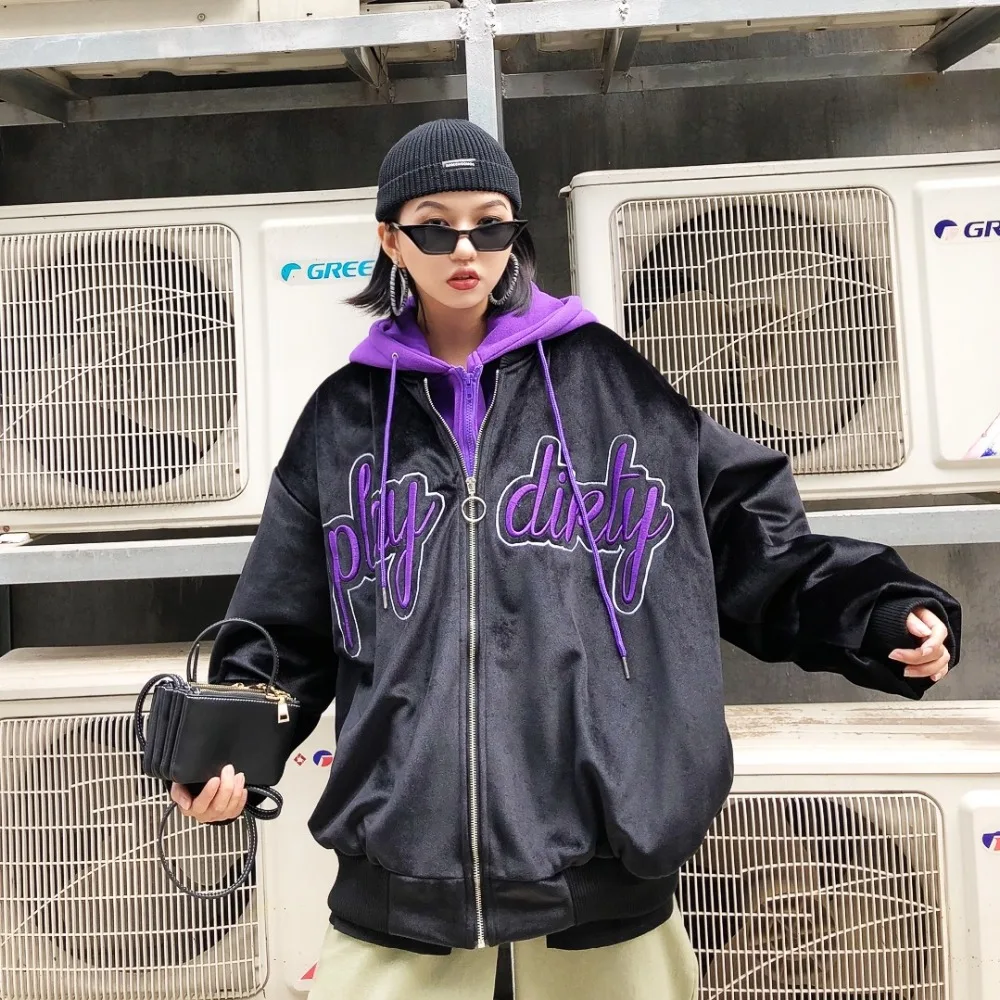

Guochao Hip-hop Fantastic Letter Embroidery Fake Two Golden Velvet Cotton Clothes Bf Thickened Cotton-Padded Couple Jacket coats