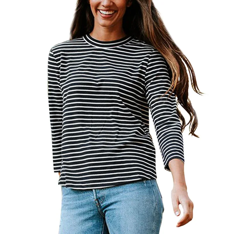 Женская футболка с длинным рукавом и круглым воротником в полоску с пуговицами модная одежда JL