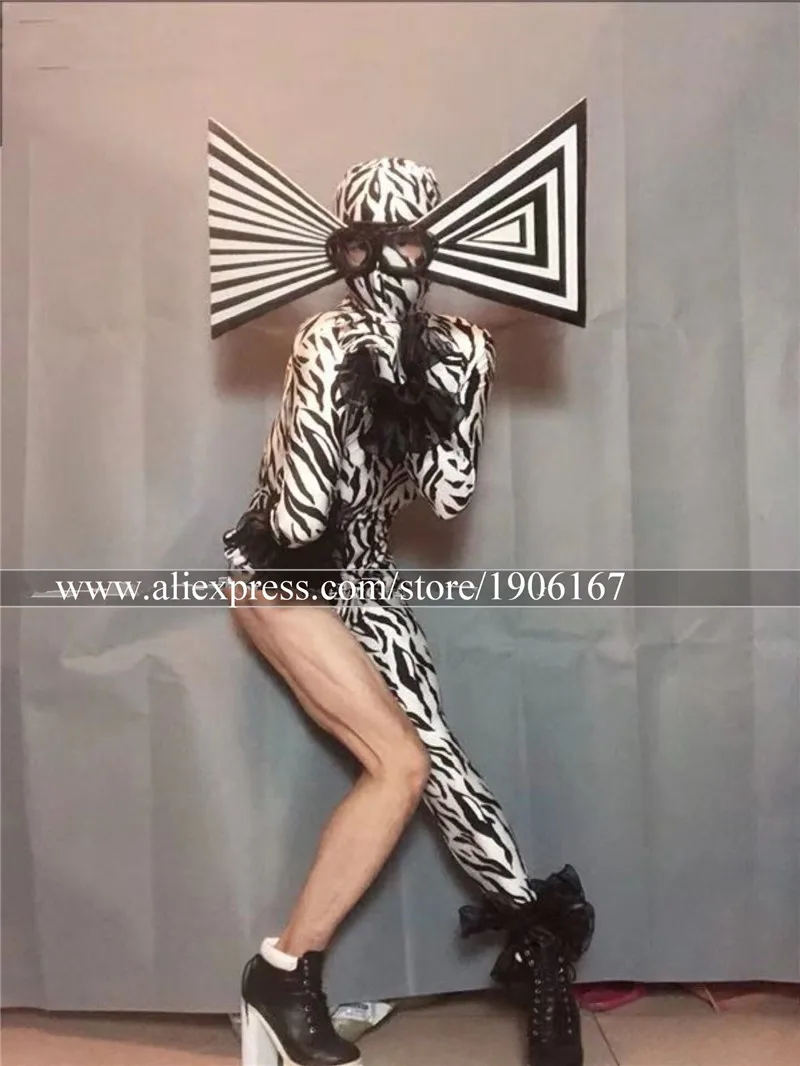 Sexy zebra costumes big hats green red black jumpsuits night club party cosplay costume performance stage tv show dance wear2