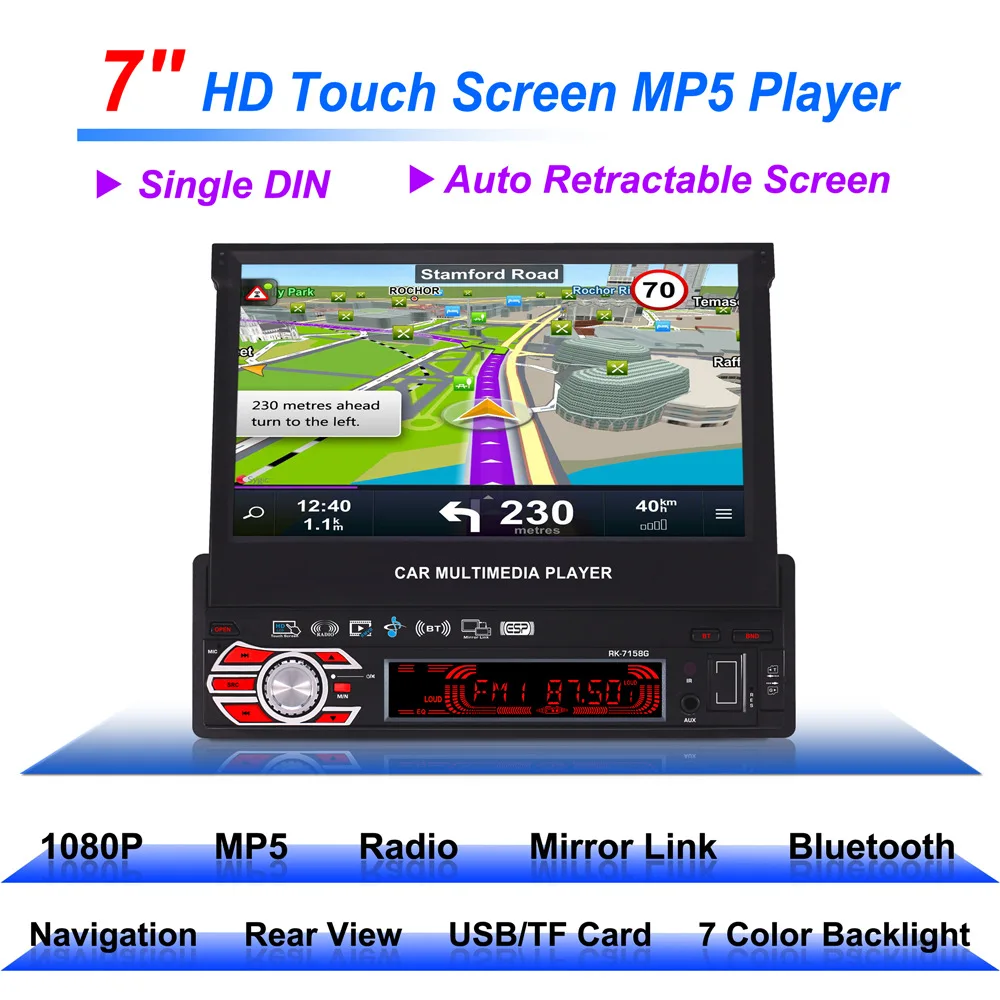 1 Din 7 Touch Screen Car Multimedia Player GPS Navigation Bluetooth Auto Video Audio MP5 Player