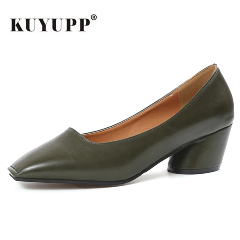 

KUYUPP 2017 Spring Women High Heels Shoes Fashion Pumps Retro Square Toe Mules Shoes Woman Slides Zapatos Mujer Ladies Heel S227