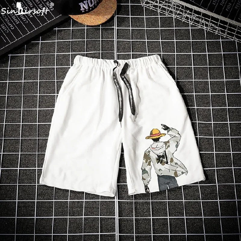 

Cotton Drawstring Waist Men's Shorts Straight Cartoon Pattern Printing One Piece Luffy Printed Shorts Summer Comfortable White